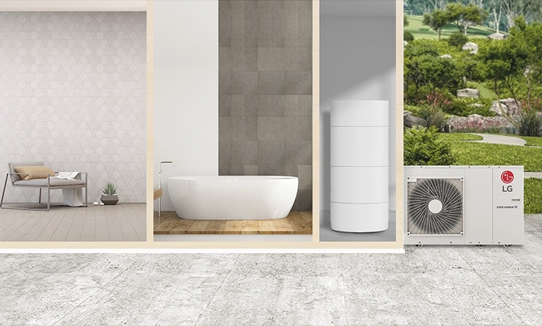 صورة توضح غرفة المعيشة والحمام وغرفة المرجل والمنزل من الخارج في لقطة واحدة.